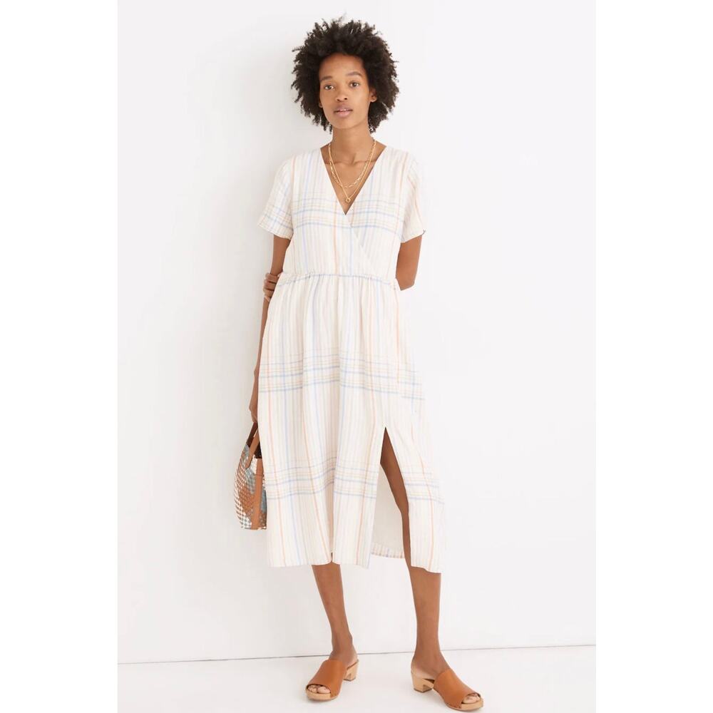 MADEWELL Linen Blend Clara MIDI Dress In Plaid Size Small